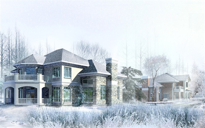 3Dデザイン、家、冬、雪 壁紙 ピクチャー