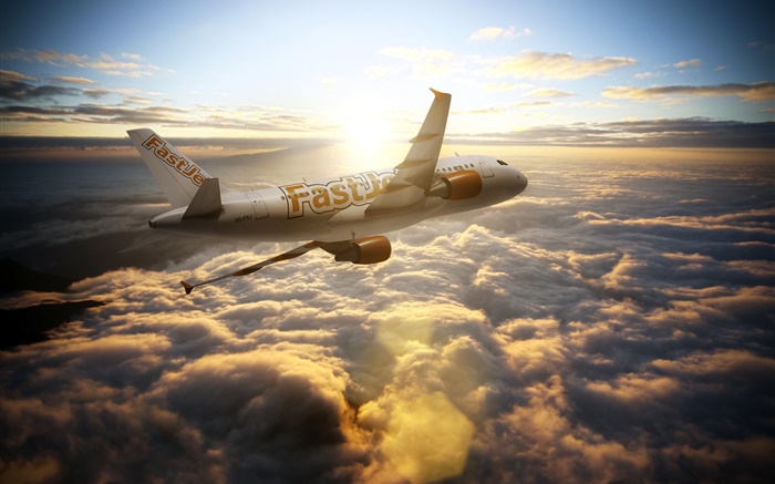 エアバスA300航空機、空、雲、太陽の光 壁紙 ピクチャー