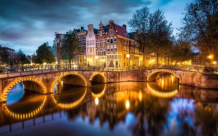 アムステルダム、オランダ、夜、ライト、川、橋、家 壁紙 ピクチャー