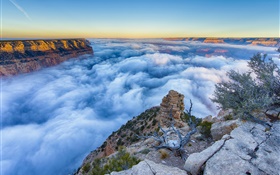 米国アリゾナ州、グランドキャニオン、朝、日の出、霧、雲