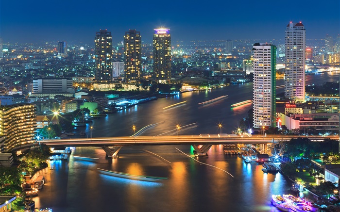 バンコク、タイ、建物、川、橋、夜、ライト 壁紙 ピクチャー