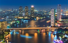 バンコク、タイ、建物、川、橋、夜、ライト HDの壁紙