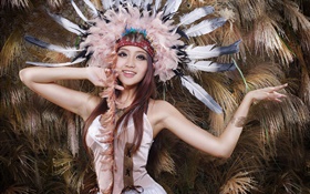 美しいアジアの女の子、羽の帽子 HDの壁紙