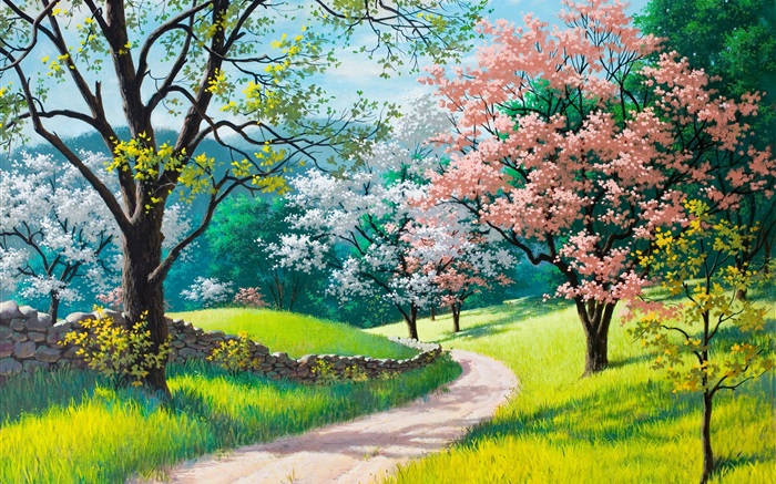 美しい絵画、春、道路、木、草、花 壁紙 ピクチャー