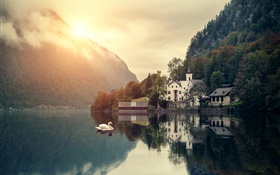 美しい風景、朝、山、湖、家、白鳥、日の出 HDの壁紙