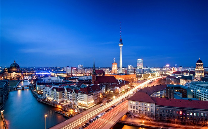 ベルリン、ドイツ、アレクサンダー広場、夜、建物、ライト 壁紙 ピクチャー