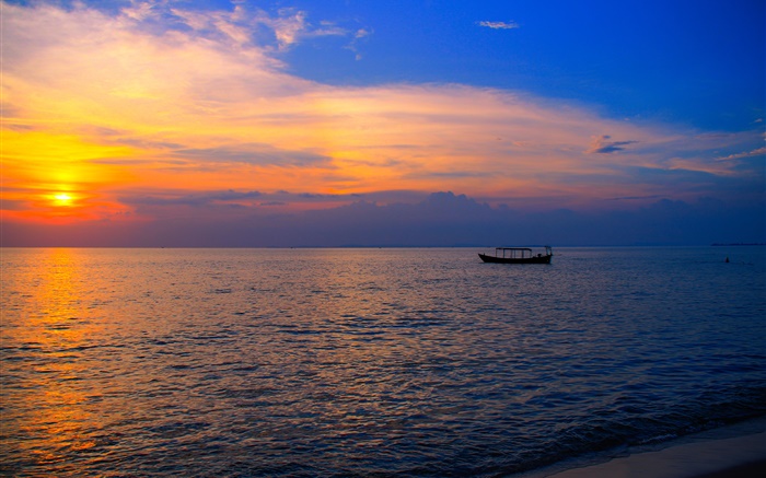 カンボジア、アジア、ビーチ、海、ボート、日没 壁紙 ピクチャー