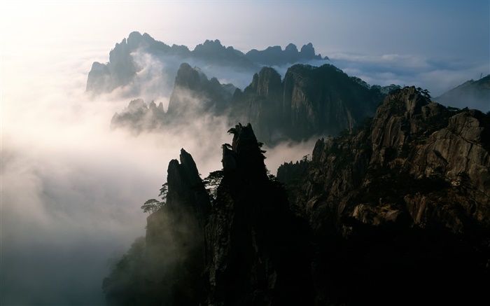 中国、山、霧、夜明け 壁紙 ピクチャー