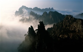 中国、山、霧、夜明け HDの壁紙