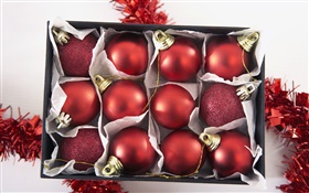 クリスマスの装飾、赤、クリスマスボールの箱 HDの壁紙