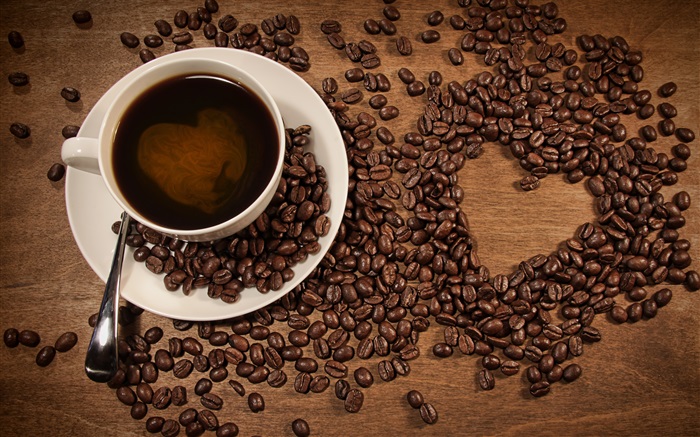 コーヒー、コーヒー豆のカップ、ハート型が大好き 壁紙 ピクチャー