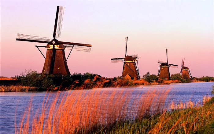 オランダの風景、風車、川、夜 壁紙 ピクチャー