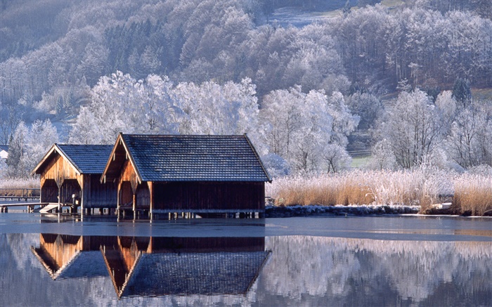 住宅、川、木、冬、ドイツ 壁紙 ピクチャー