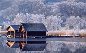 住宅、川、木、冬、ドイツ HDの壁紙