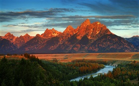 山、森、川、秋、アメリカ、ワイオミング州 HDの壁紙
