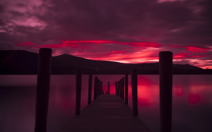 桟橋、日没、湖、赤い空 壁紙 ピクチャー