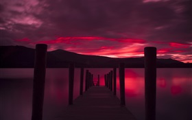 桟橋、日没、湖、赤い空 HDの壁紙