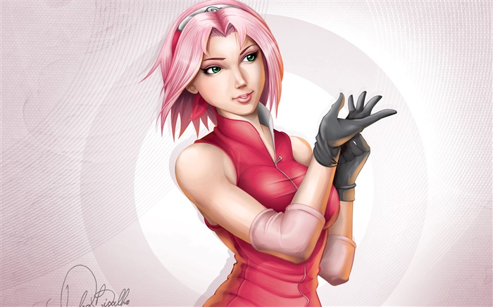 ピンクの髪のアニメの女の子、赤いドレス 壁紙 ピクチャー