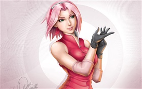 ピンクの髪のアニメの女の子、赤いドレス HDの壁紙