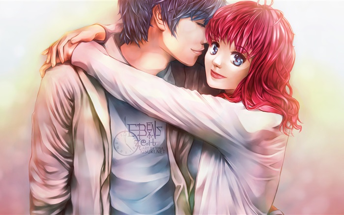 彼女のボーイフレンドと赤い髪のアニメの女の子 壁紙 ピクチャー