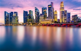 シンガポール、都市の夜、ライト、高層ビル、湾 HDの壁紙