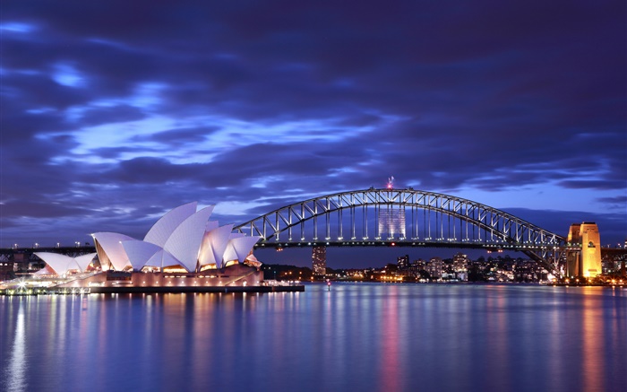 シドニーオペラハウス、オーストラリア、夜、橋、ライト、海、青いです 壁紙 ピクチャー