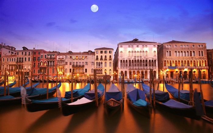 ベネチアの夜、ボート、家、川、ライト、ムーン 壁紙 ピクチャー
