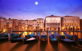 ベネチアの夜、ボート、家、川、ライト、ムーン