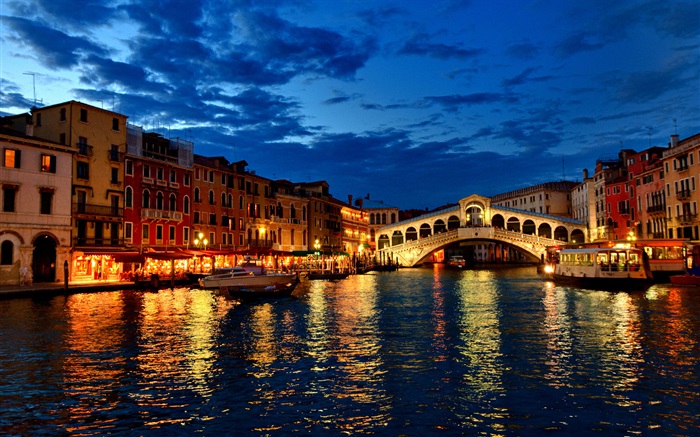 ヴェネツィア、夜、川、住宅、ライト、橋 壁紙 ピクチャー