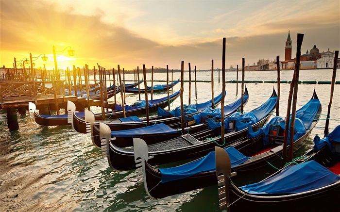 ヴェネツィアの夕日、ボート、川 壁紙 ピクチャー