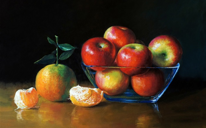 水彩画、リンゴとオレンジ 壁紙 ピクチャー