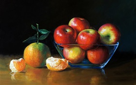 水彩画、リンゴとオレンジ