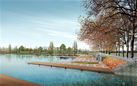 3Dデザイン、都市公園、木、湖 HDの壁紙