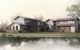 3Dデザイン、雨、池、家