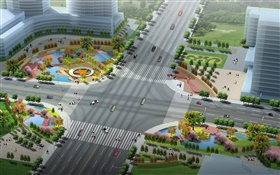 3Dデザイン、都市の道路と緑のレイアウト