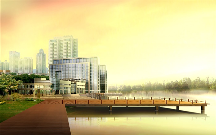3Dデザイン、都市の高層ビル、川、桟橋 壁紙 ピクチャー