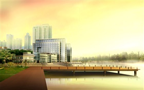 3Dデザイン、都市の高層ビル、川、桟橋
