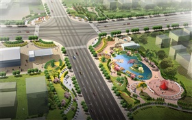 3D設計、都市道路交通、緑豊かな公園 HDの壁紙