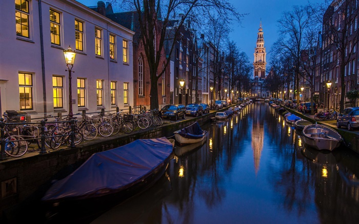 アムステルダム、オランダ、夜、家、川、ボート、ライト 壁紙 ピクチャー