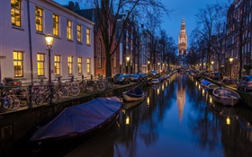 アムステルダム、オランダ、夜、家、川、ボート、ライト HDの壁紙