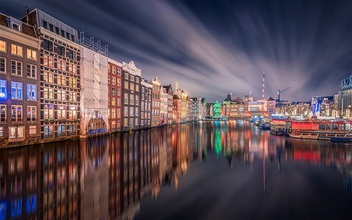 アムステルダム、夜、ライト、住宅、川、反射 壁紙 ピクチャー