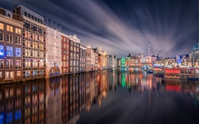 アムステルダム、夜、ライト、住宅、川、反射 HDの壁紙