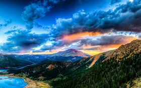 美しい風景、山、湖、森、雲、夕日 HDの壁紙