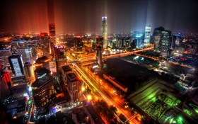 北京、中国、都市、夜、ライト、高層ビル