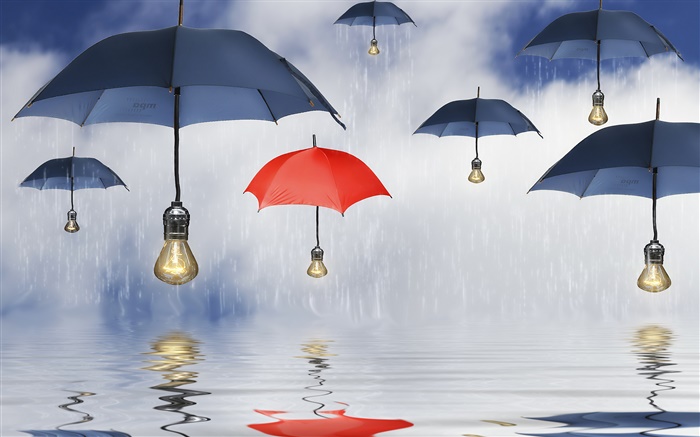 青と赤の傘、雨、水の反射、創造的な写真 壁紙 ピクチャー
