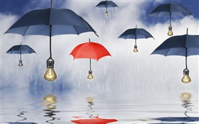 青と赤の傘、雨、水の反射、創造的な写真 HDの壁紙