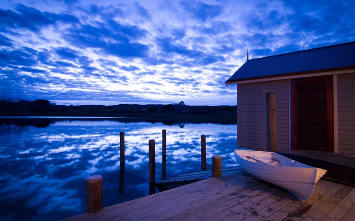 ボートハウス、川、雲、夕暮れ、ニュージーランド 壁紙 ピクチャー