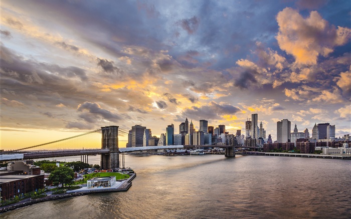 ブルックリン橋、ニューヨーク市、マンハッタン、アメリカ、高層ビル、夕暮れ 壁紙 ピクチャー