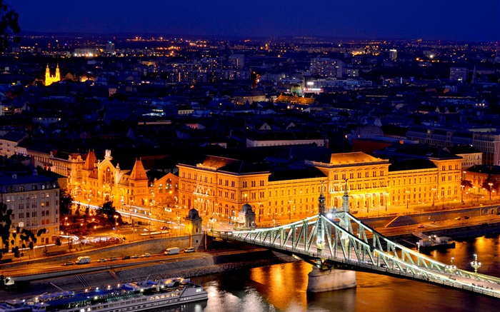 ブダペスト、ハンガリー、ドナウ川、橋、建物、夜、ライト 壁紙 ピクチャー