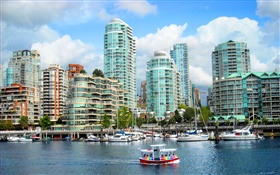 カナダ、都市、建物、住宅、川、ボート HDの壁紙